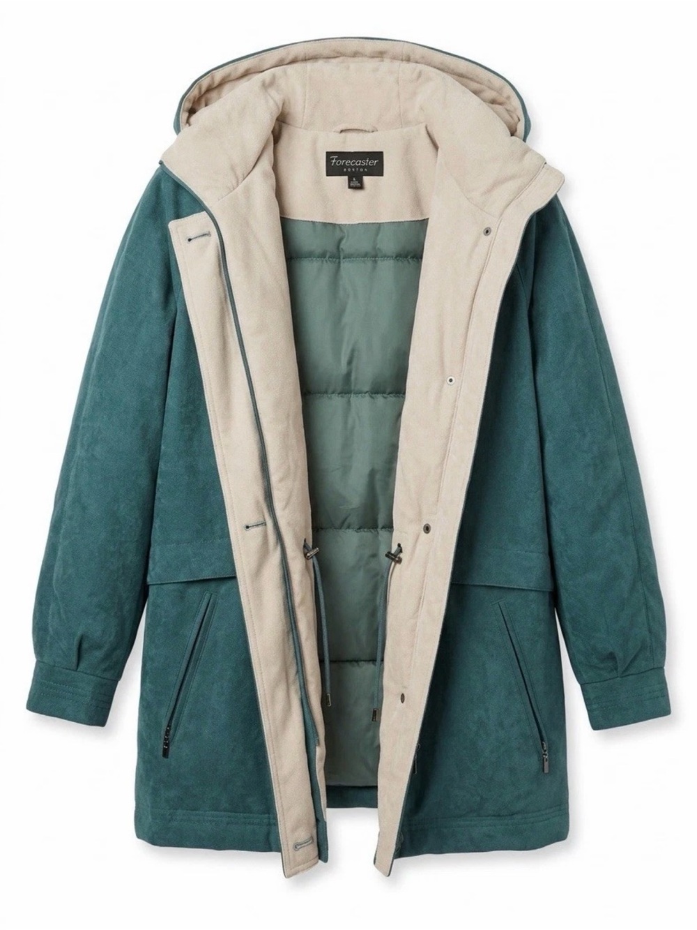 VTG Forecaster of Boston Teal Faux Suede Coat Hooded Parka Jacket Womens L‎ NWOT